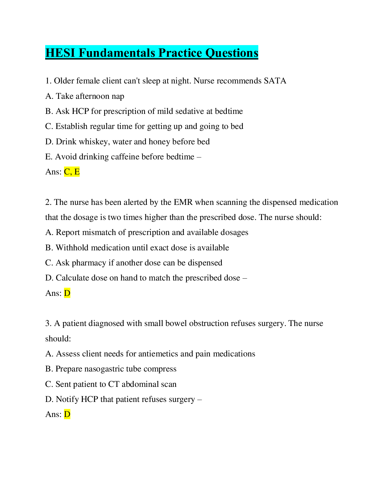 Preview of HESI Fundamentals Practice Questions & Answers/ Latest 2022